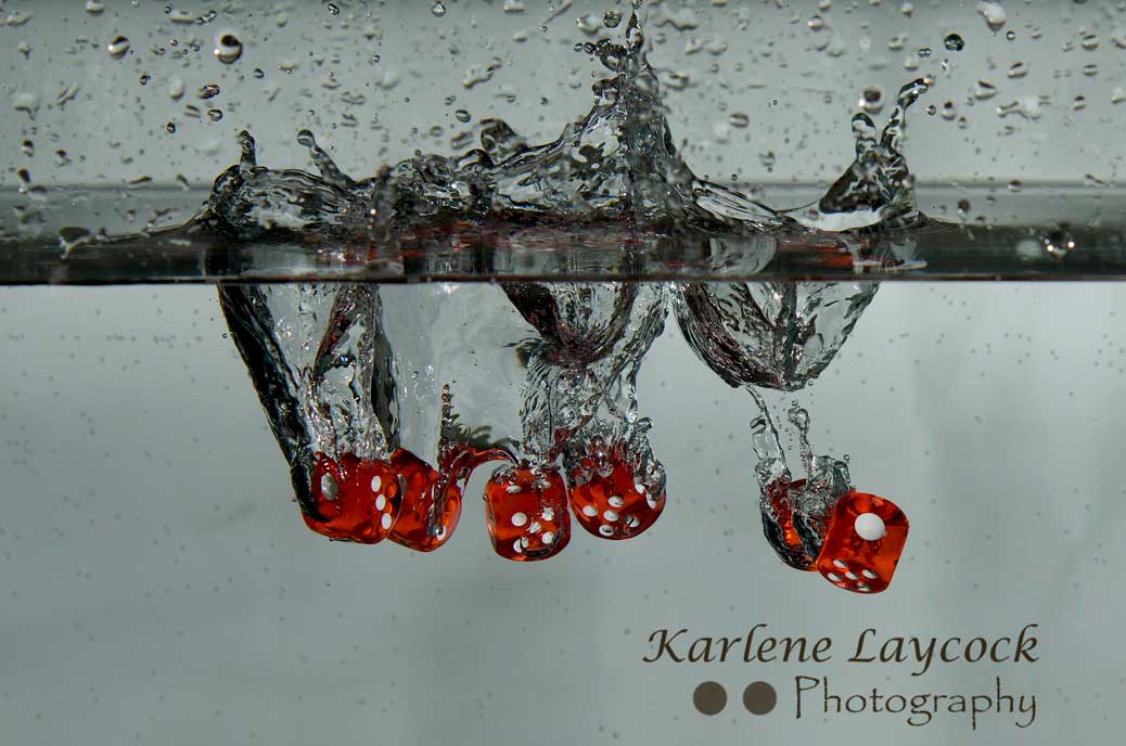 Red Dice falling into water on grey series 4